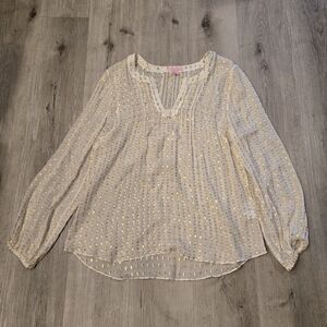 Lilly Pulitzer Colby Silk Gold Metallic Sheer Long Sleeve Blouse Size XL